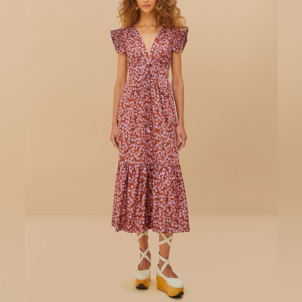 NWT Farm Rio Tiny Yard Brown Butterfly Midi Dress Floral Beaded V-Neck Women’s L